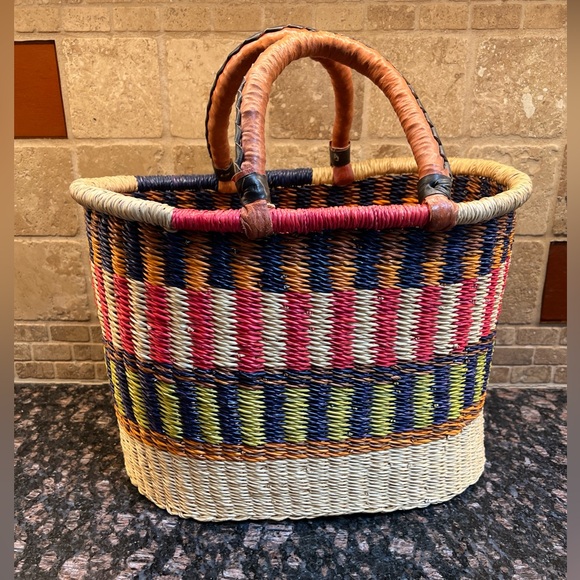 Handbags - Handwoven Ghana Bolga Market Basket with Leather Wrapped Handles